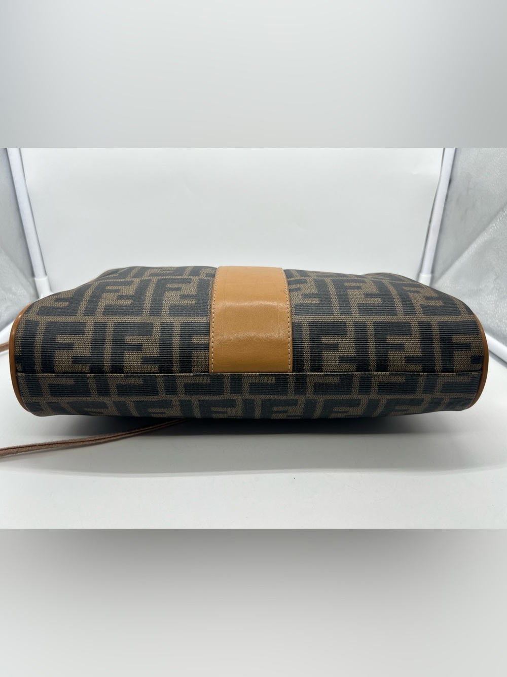FENDI VINTAGE Zucca FF Monogram Coated Canvas Medium Tan Leather Trim Crossbody - Picture 11 of 17